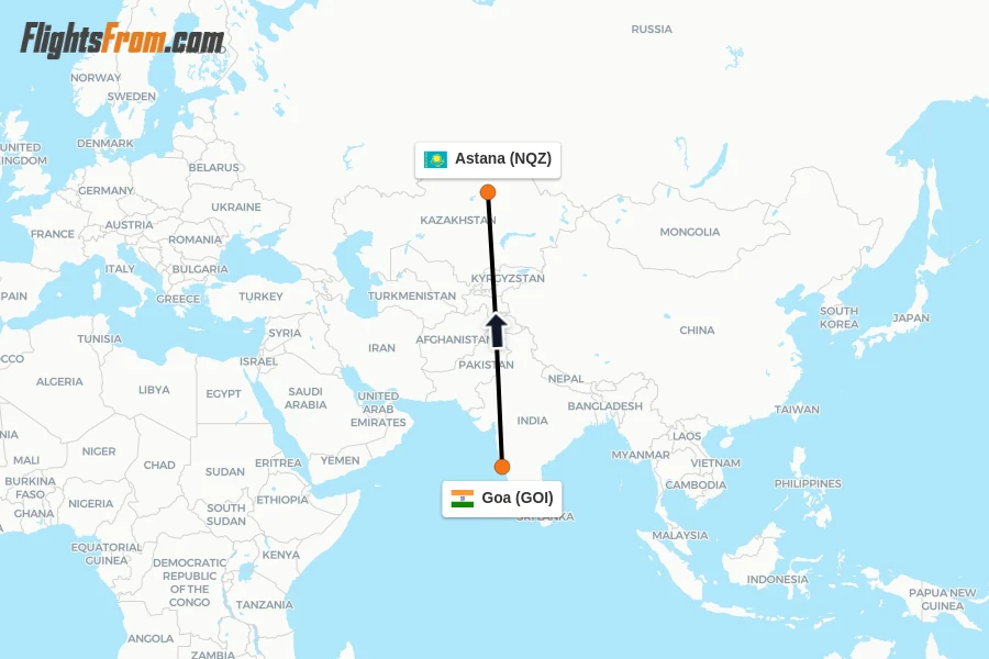 Flights from Goa to Astana route map