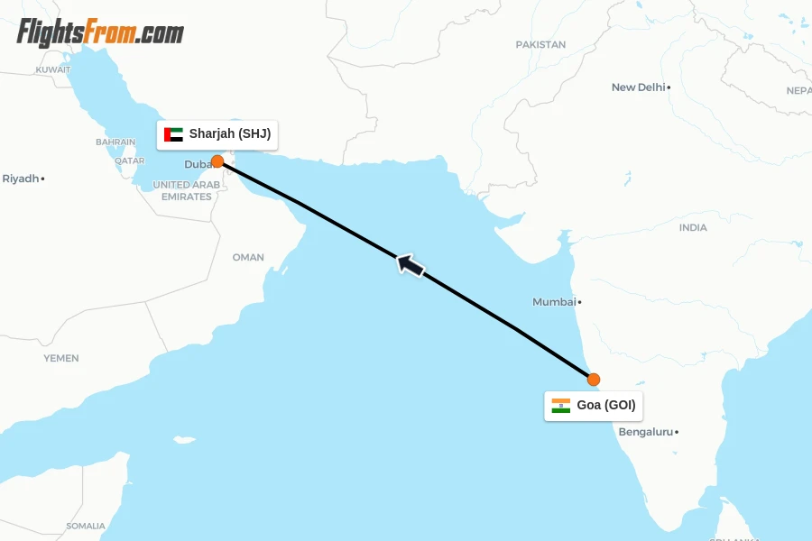 Flights from Goa to Sharjah route map