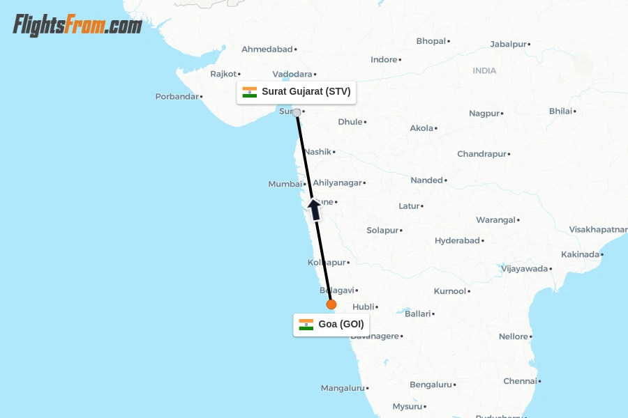 Flights from Goa to Surat Gujarat route map