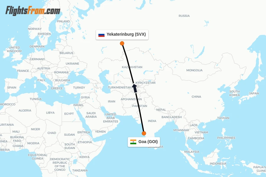 Flights from Goa to Yekaterinburg route map