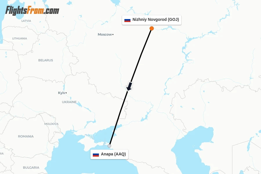 Flights from Nizhniy Novgorod to Anapa route map