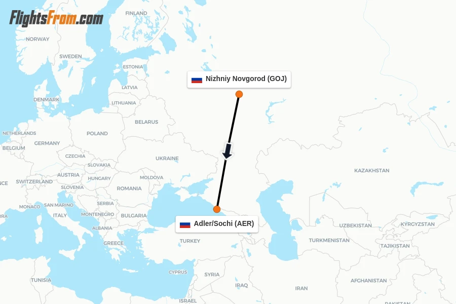 Flights from Nizhniy Novgorod to Adler/Sochi route map