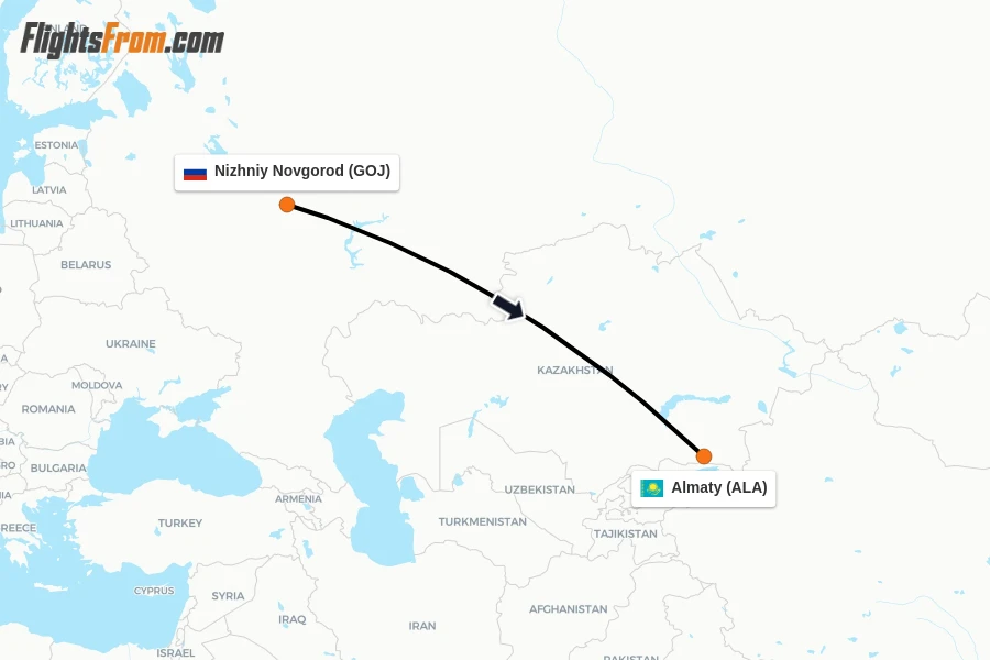Flights from Nizhniy Novgorod to Almaty route map