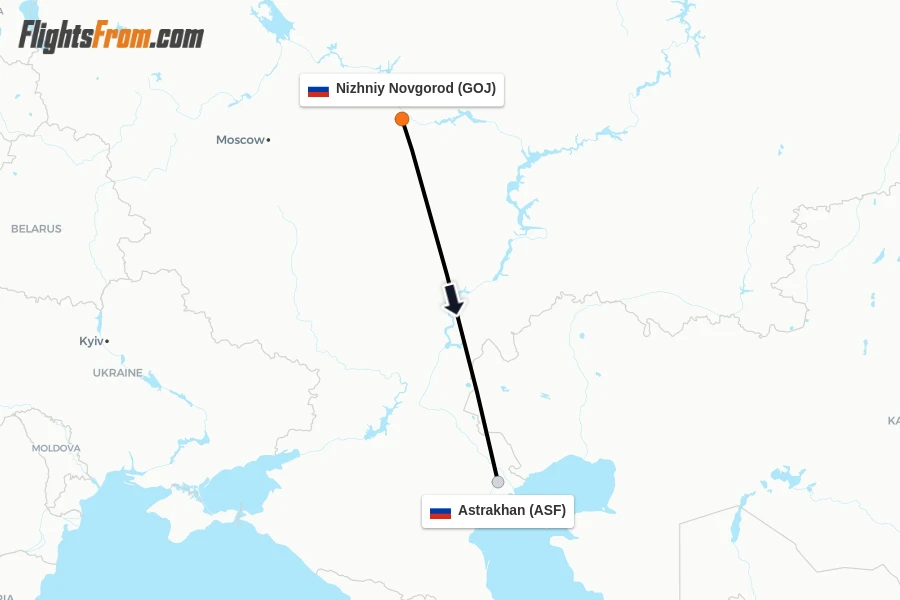 Flights from Nizhniy Novgorod to Astrakhan route map