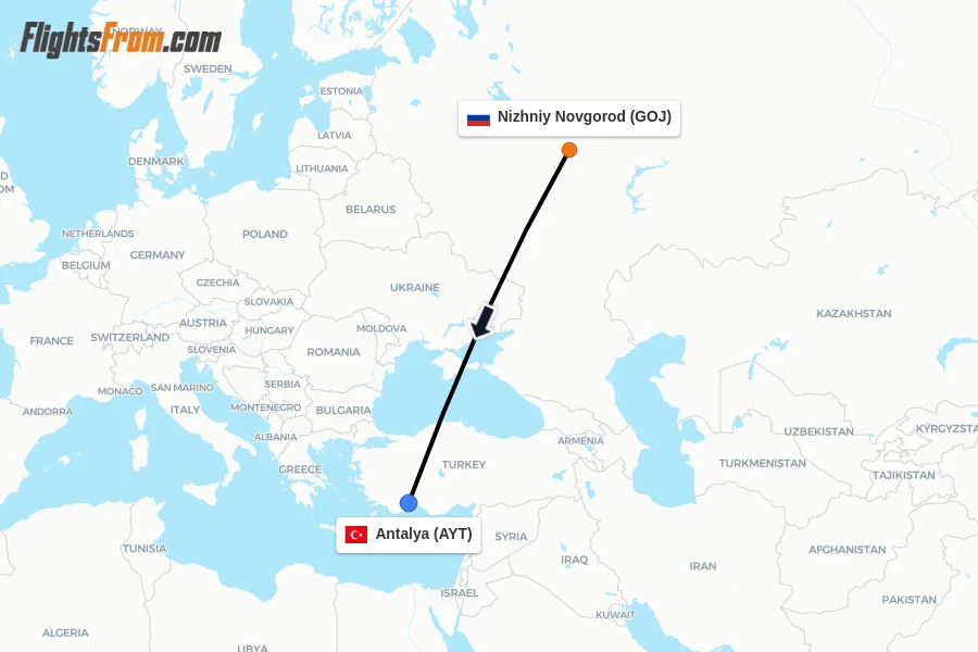 Flights from Nizhniy Novgorod to Antalya route map