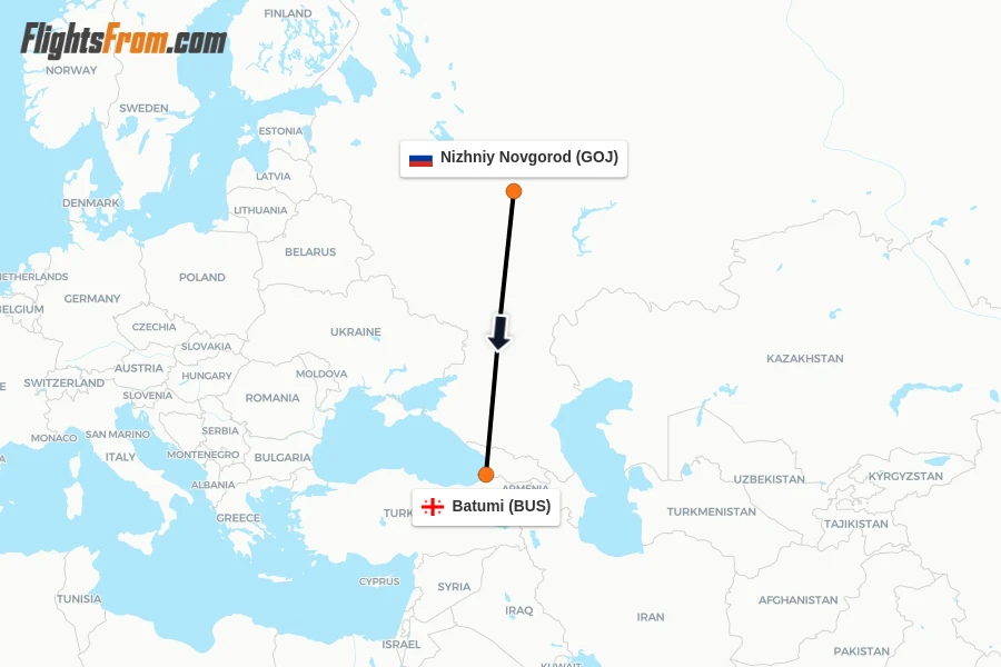 Flights from Nizhniy Novgorod to Batumi route map