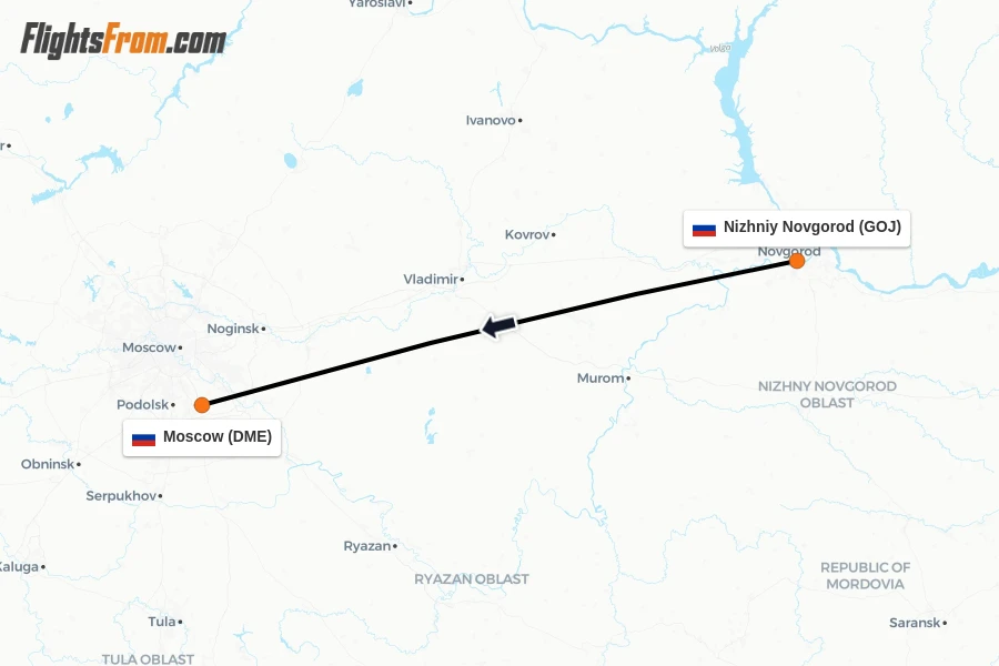 Flights from Nizhniy Novgorod to Moscow route map