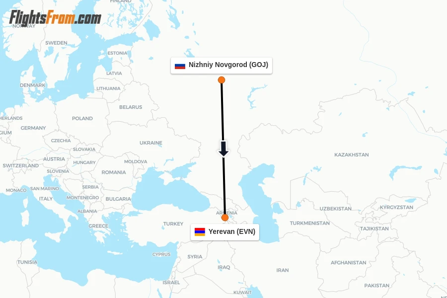 Flights from Nizhniy Novgorod to Yerevan route map