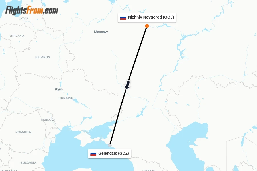 Flights from Nizhniy Novgorod to Gelendzik route map