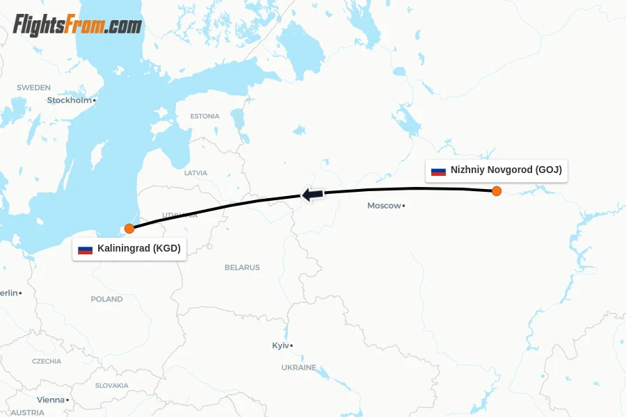 Flights from Nizhniy Novgorod to Kaliningrad route map