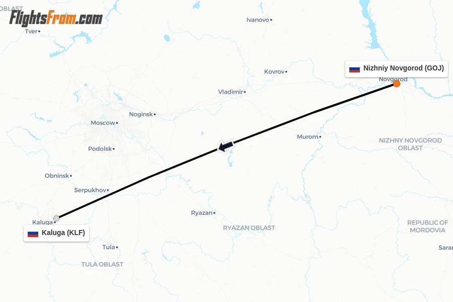 Flights from Nizhniy Novgorod to Kaluga route map