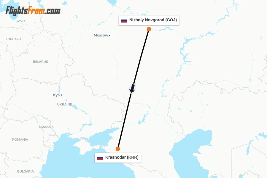 Flights from Nizhniy Novgorod to Krasnodar route map