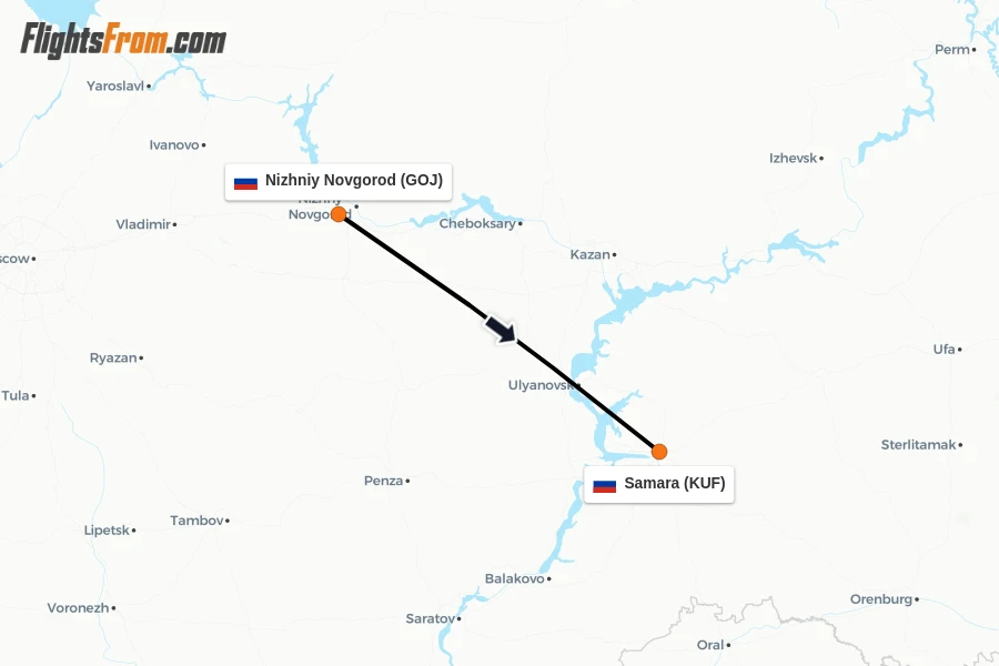 Flights from Nizhniy Novgorod to Samara route map