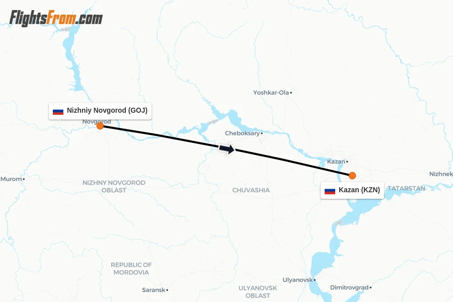 Flights from Nizhniy Novgorod to Kazan route map