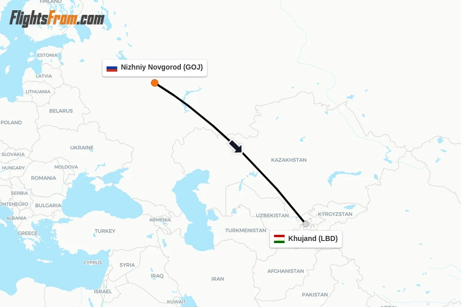Flights from Nizhniy Novgorod to Khujand route map