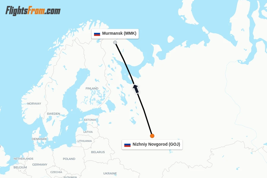 Flights from Nizhniy Novgorod to Murmansk route map