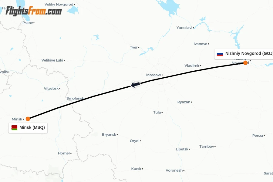 Flights from Nizhniy Novgorod to Minsk route map