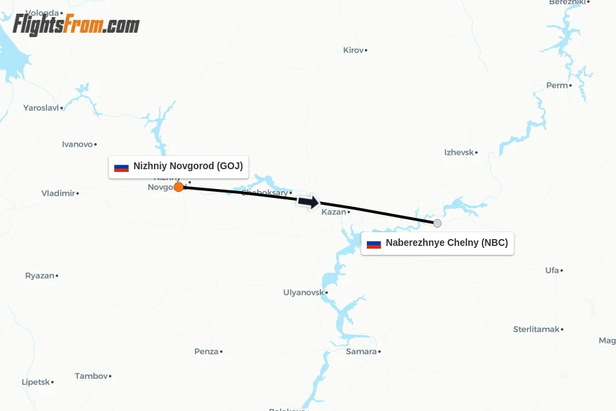 Flights from Nizhniy Novgorod to Naberezhnye Chelny route map