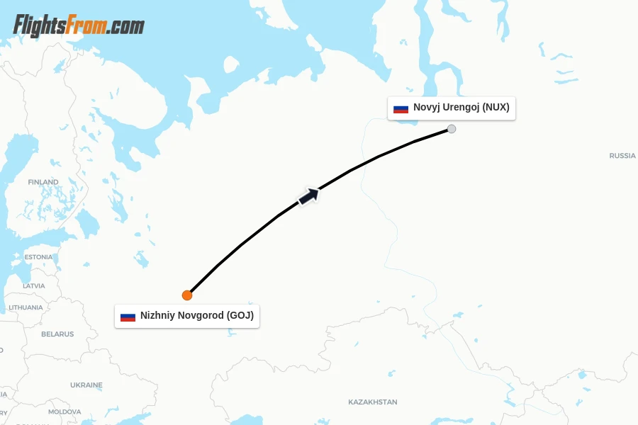 Flights from Nizhniy Novgorod to Novyj Urengoj route map