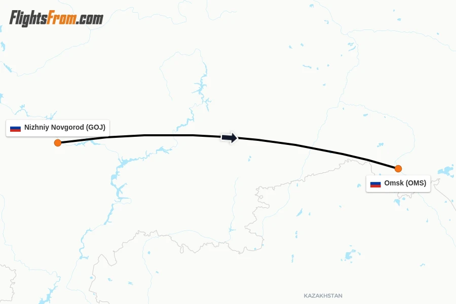 Flights from Nizhniy Novgorod to Omsk route map