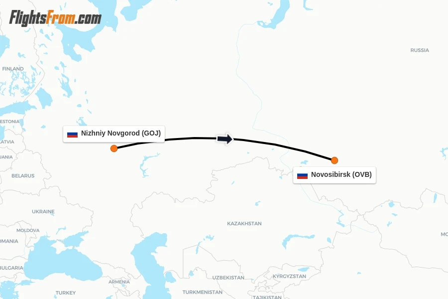 Flights from Nizhniy Novgorod to Novosibirsk route map