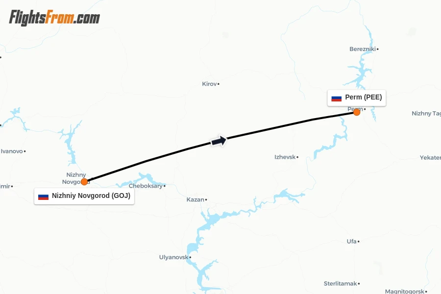 Flights from Nizhniy Novgorod to Perm route map