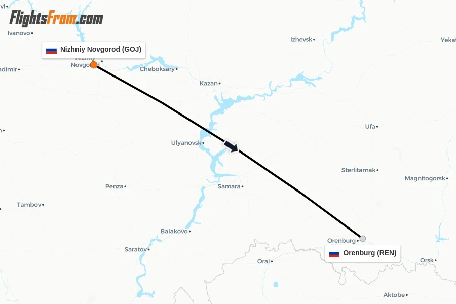 Flights from Nizhniy Novgorod to Orenburg route map