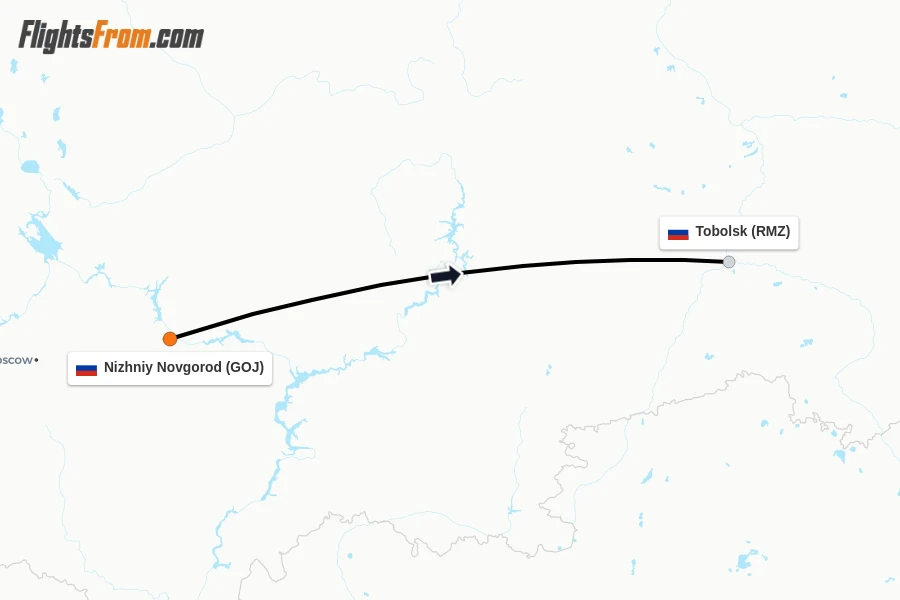 Flights from Nizhniy Novgorod to Tobolsk route map