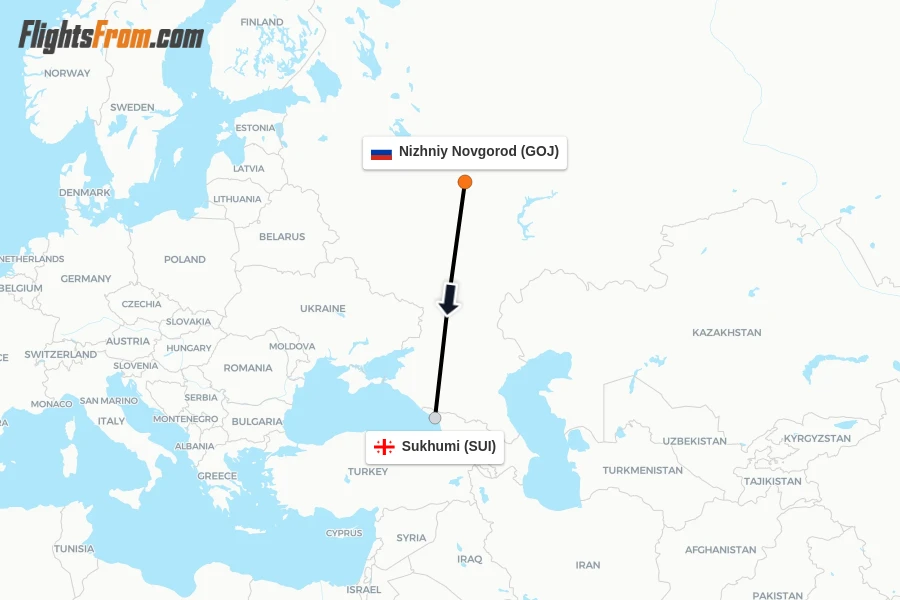 Flights from Nizhniy Novgorod to Sukhumi route map
