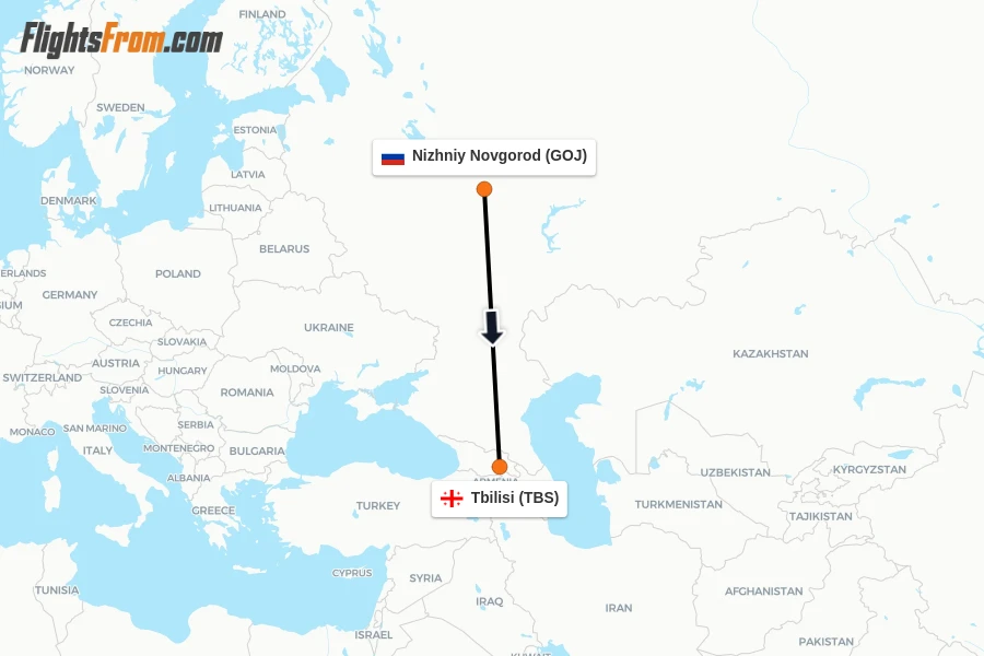 Flights from Nizhniy Novgorod to Tbilisi route map