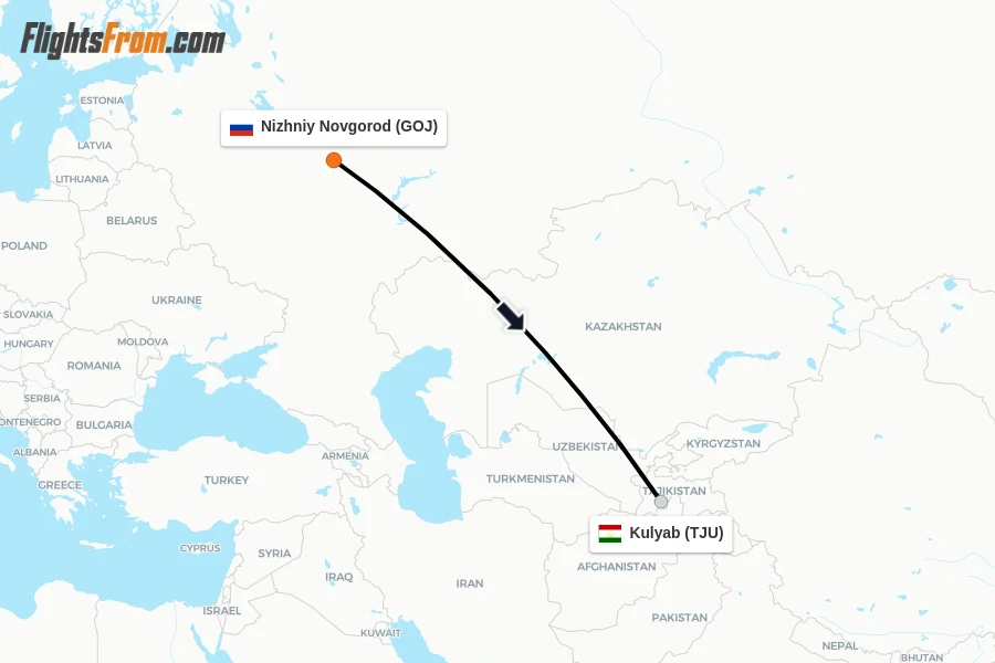 Flights from Nizhniy Novgorod to Kulyab route map