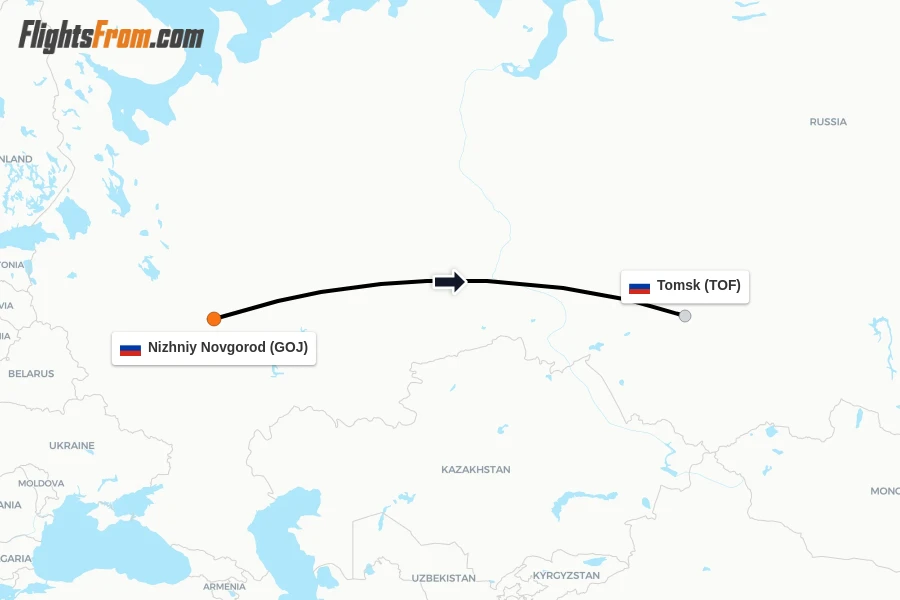 Flights from Nizhniy Novgorod to Tomsk route map