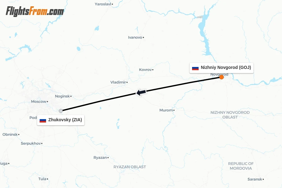 Flights from Nizhniy Novgorod to Zhukovsky route map