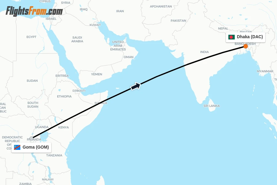 Flights from Goma to Dhaka route map