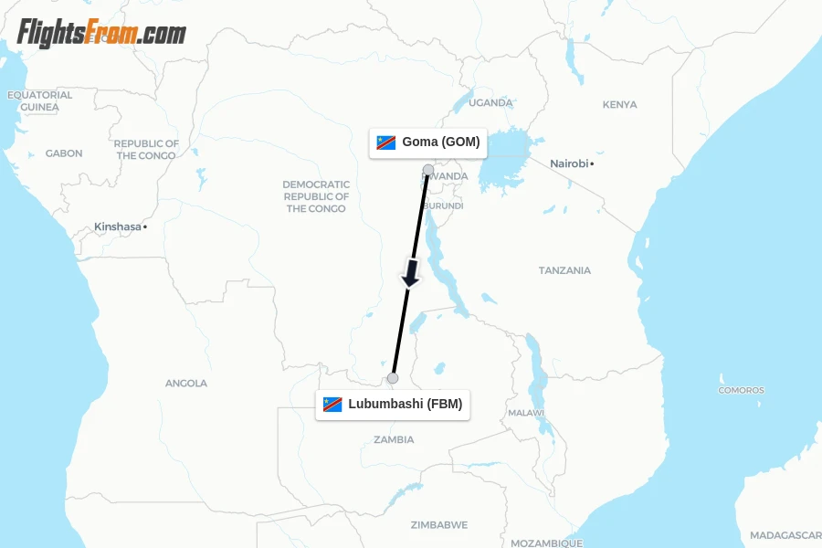 Flights from Goma to Lubumbashi route map