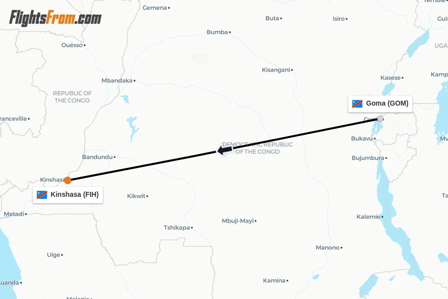 Flights from Goma to Kinshasa route map