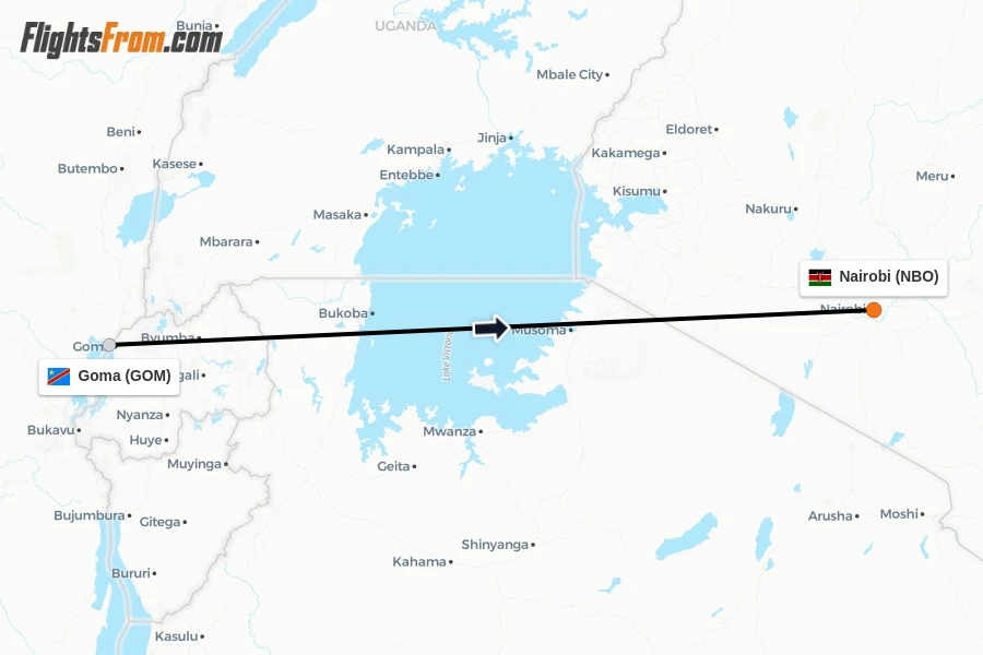 Flights from Goma to Nairobi route map