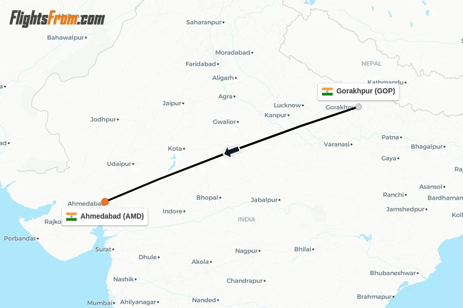 Flights from Gorakhpur to Ahmedabad route map
