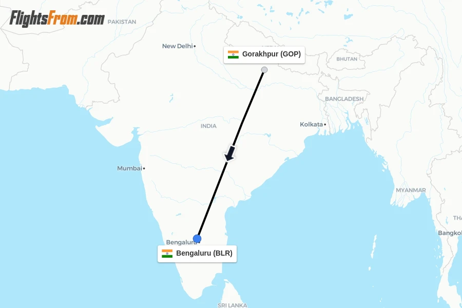 Flights from Gorakhpur to Bengaluru route map