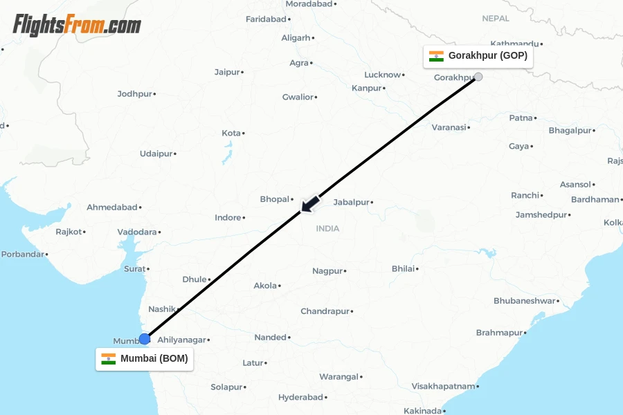 Flights from Gorakhpur to Mumbai route map