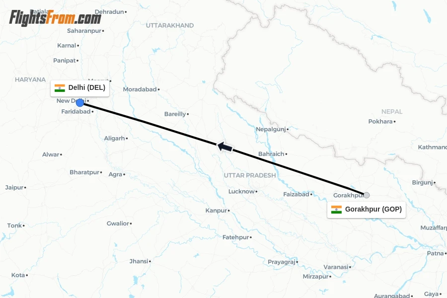 Flights from Gorakhpur to Delhi route map