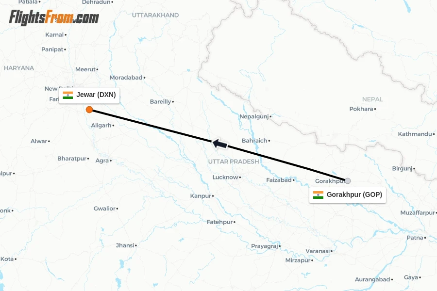 Flights from Gorakhpur to Jewar route map