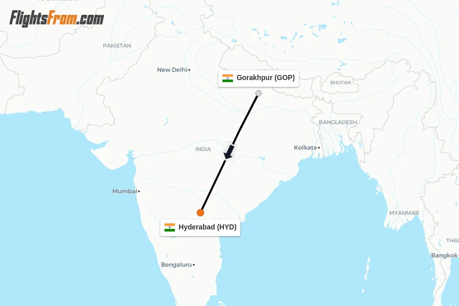 Flights from Gorakhpur to Hyderabad route map