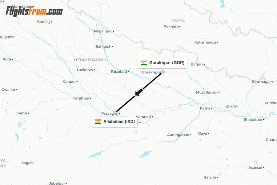 Flights from Gorakhpur to Allahabad route map