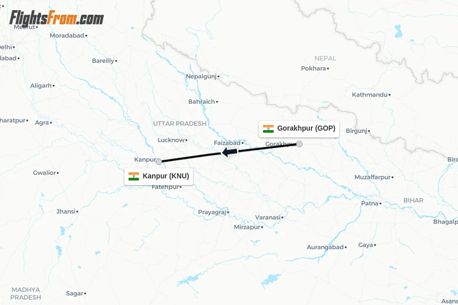 Flights from Gorakhpur to Kanpur route map