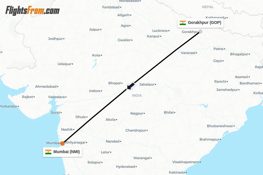 Flights from Gorakhpur to Mumbai route map