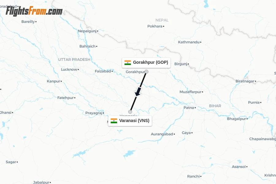 Flights from Gorakhpur to Varanasi route map