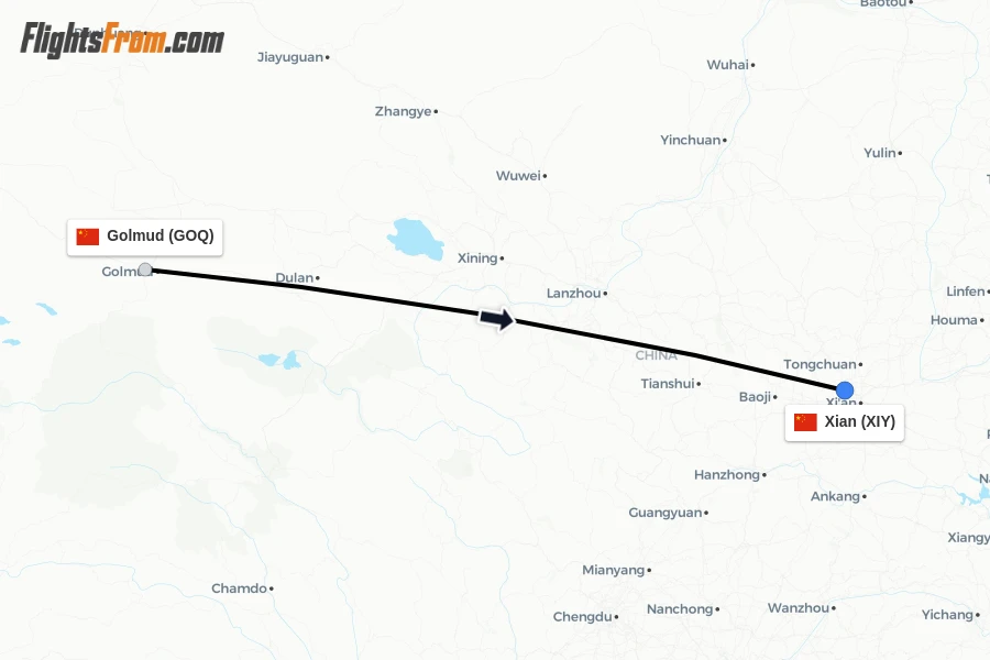 Flights from Golmud to Xian route map