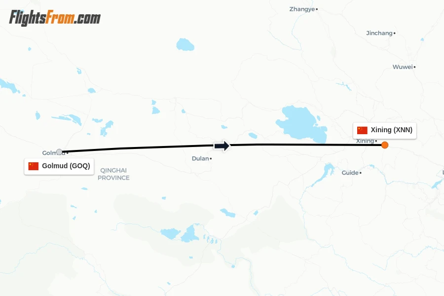 Flights from Golmud to Xining route map