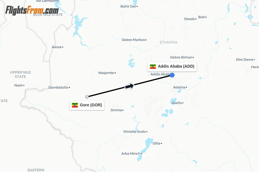 Flights from Gore to Addis Ababa route map